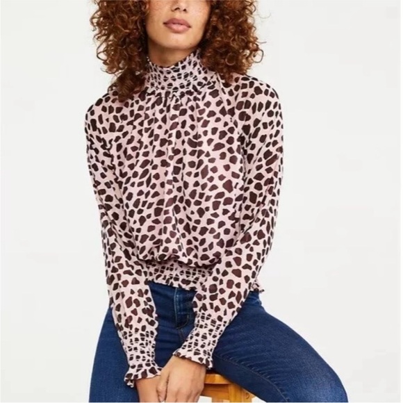 Ann Taylor Smocked High Mock Neck Sheer Long Sleeve Blouse | Size XXLT - Picture 1 of 8